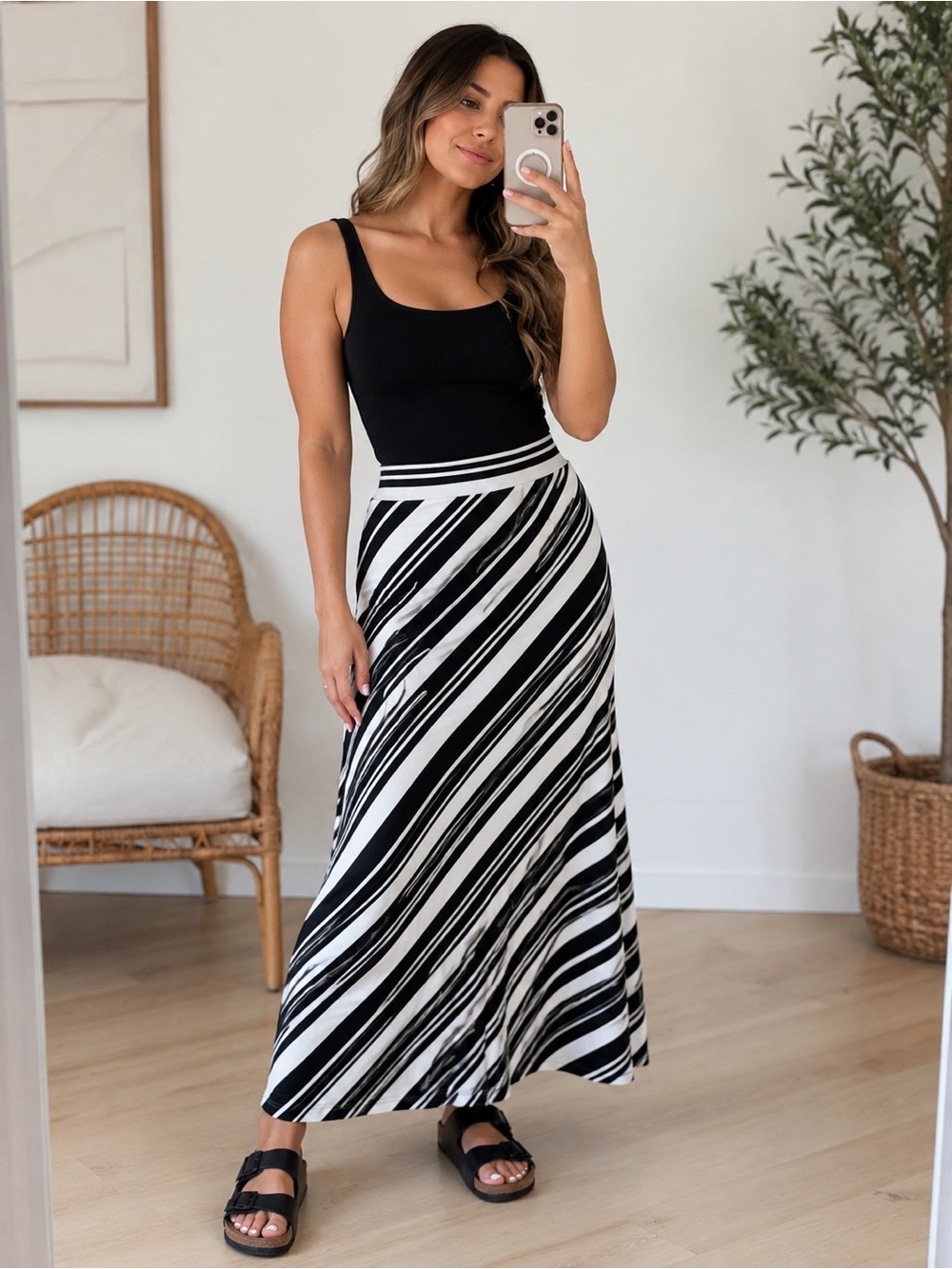 Ann Taylor Factory Black White Striped Maxi Skirt Pull On Stretch Size M
